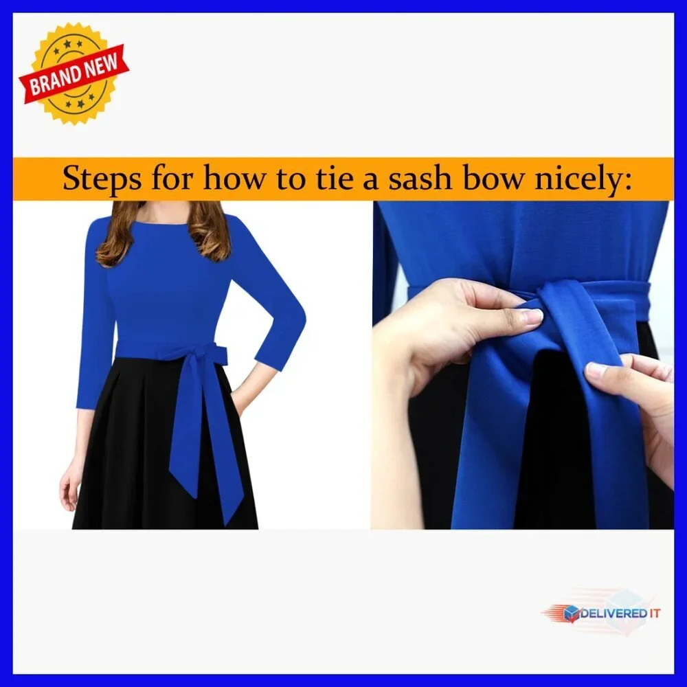 Women's Pleated Midi Dress with Pockets and Belt for Work and Party